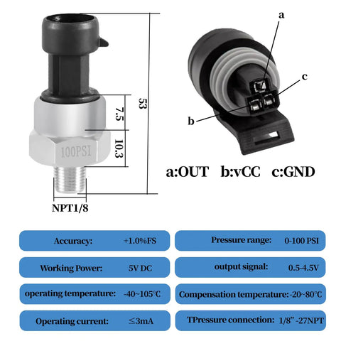 0 To 100 PSI Pressure Sensor Transducer For Fuel Oil Air And Water With One Eighth Inch NPT Thread And Harness Kit 316 Stainless Steel Automotive Marine And Truck Compatible, front and side view with specifications.