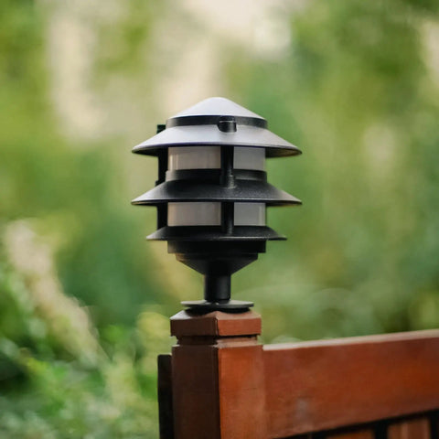 4 Pack Metal Landscape Lighting Mounting Brackets With 3/4-14NPSM Threads For Tree Deck And Wall Mounts Outdoor Light Plates That Fit Malibu Low Voltage Fixtures installed on wooden post.