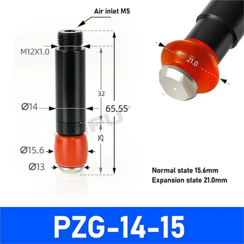 Robotic Mini Cylinder Gripper With Silicone Expansion Fixture And Cylindrical Inner Bracket For Pneumatic Automation Slick Compact Durable Grip System For Precise Small Parts Handling And Easy Install with dimensions and PZG-14-15 label