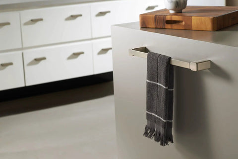90 Degree 18 Inch Towel Bar in Brushed Nickel with gray towel, slick modern bathroom accessory with concealed mounting, aluminum bar, zinc posts