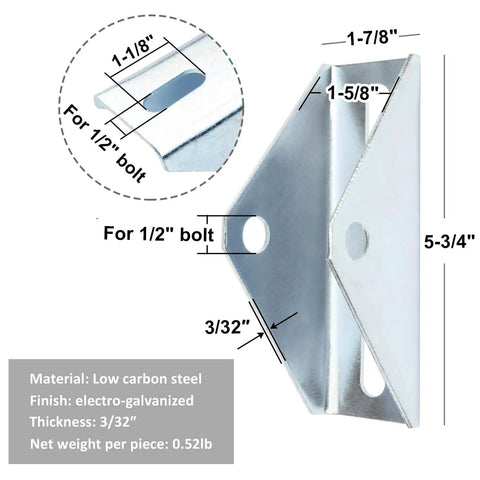 Detailed view of Four Piece Adjustable Tilt Mount Brackets For Solar Panels showing dimensions, low carbon steel, 5-3/4 inch length.
