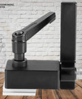 Top Notch Portable Woodworking T Track Limiter Stop Saw Guide For Miter Saws And Planers showing black steel body and adjustable lever.