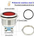 Beefy 12V Indicator Light with red LED, IP67 waterproof, 22mm mounting, stainless steel 304, with gasket and nut for control panels.