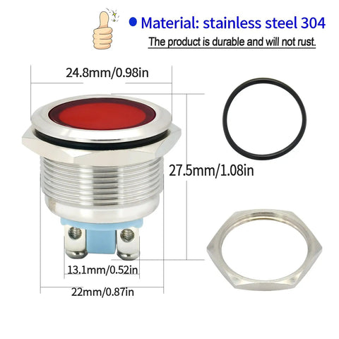 Beefy 12V Indicator Light with red LED, IP67 waterproof, 22mm mounting, stainless steel 304, with gasket and nut for control panels.