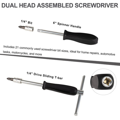 1/4 inch bit and spinner handle from 46Piece Small Drive Socket Ratchet Wrench Set With One Quarter Inch Drive, Metric Sockets, Extension Bar, And Screwdriver Bits shown