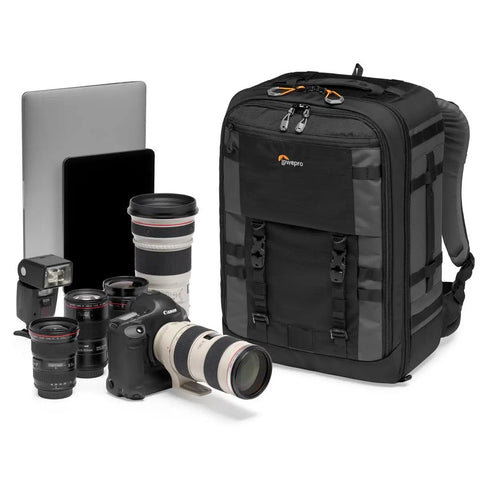 Pro Grade 32L Camera Backpack BP 450 AW II with gear and laptop, weatherproof and durable, black color, quick access doors.