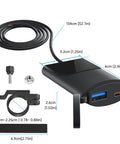 Drop It On Any Handlebar Mount Motorcycle USB Charger With 30W PD Dual Port, showing dimensions and components for easy installation.