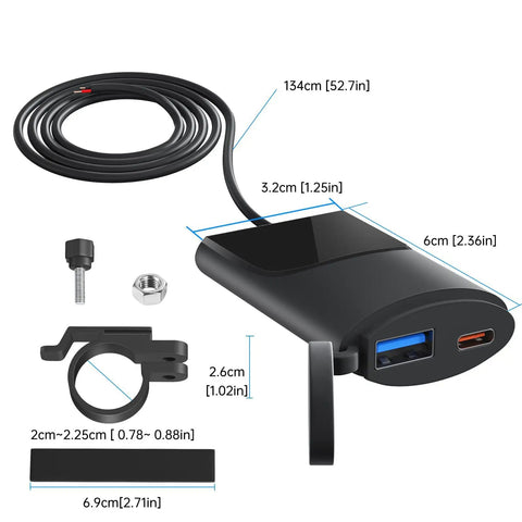 Drop It On Any Handlebar Mount Motorcycle USB Charger With 30W PD Dual Port, showing dimensions and components for easy installation.
