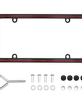 Heavy Duty Zinc Alloy License Plate Frame With Four Mounting Holes, Rust Proof And Unbreakable, Two Tone Chrome Finish With Recessed Epoxy Inlay, Includes Mounting Hardware Kit And Screw Caps, Black Red inlay, hardware included