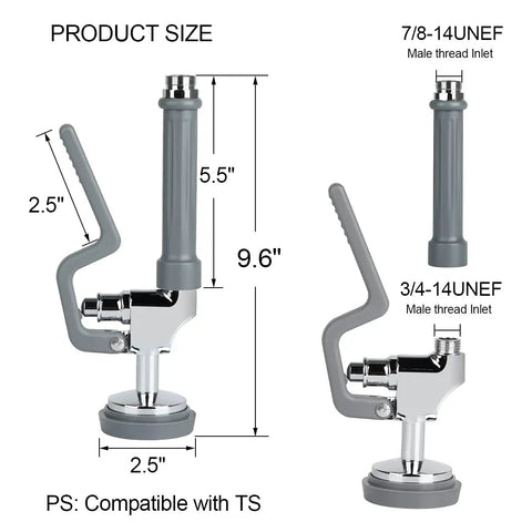 Pre Rinse Sprayer Head for Commercial Kitchen Faucet Replacement 1.42 GPM, chrome gray, dimensions and thread info displayed.