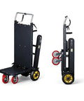 Heavy Duty Foldable Electric Stair Climbing Dolly Motorized Hand Truck With Anti-Slip Tracks And 360 Degrees Swivel Wheels showing black design with 10 inch wheels.