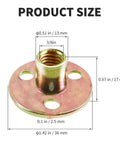 Built Different Rock Solid Heavy Duty Round Base T Nuts 3/8 Inch Thread 17mm Height 36mm Flange size measurement with dimensions.