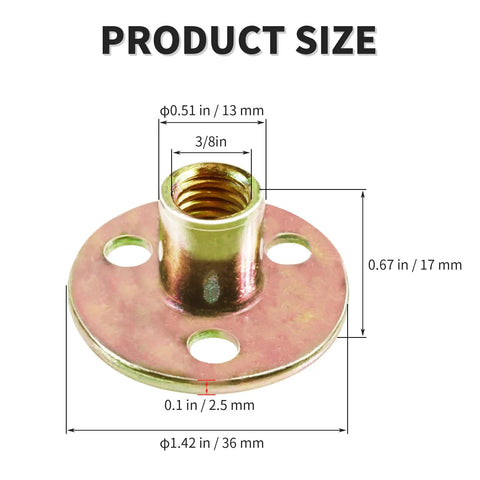 Built Different Rock Solid Heavy Duty Round Base T Nuts 3/8 Inch Thread 17mm Height 36mm Flange size measurement with dimensions.
