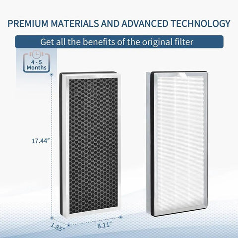 MA Series 40 Replacement Filter Pack of 2 for Air Purifier, showing dimensions and materials of 3 in 1 filtration system.