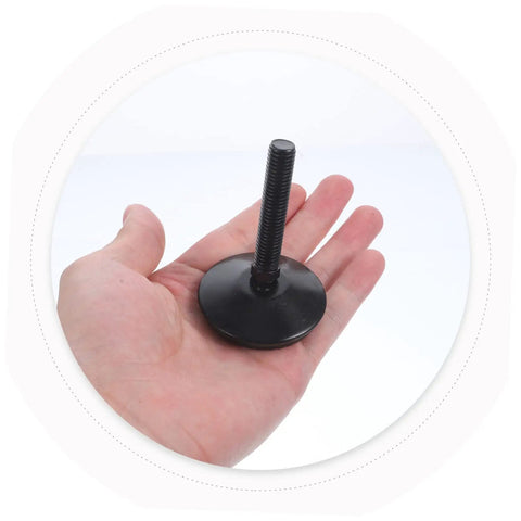 Heavy Duty Adjustable Furniture Levelers With Swivel Base For Tables And Cabinets Foolproof Install Silent Nonskid Stainless Steel Legs, held in hand.