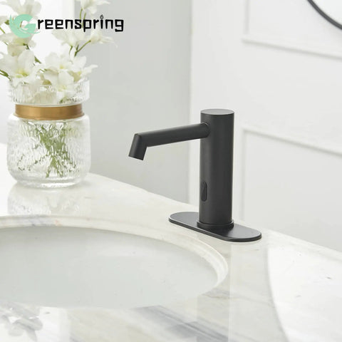Matte Black No Touch Bathroom Faucet Sensor Powered By Batteries Single Hole Deck Mount For Commercial Sinks No Contact Tap With Pop Up Drain Cover Plate Control Box And Temperature Mixer