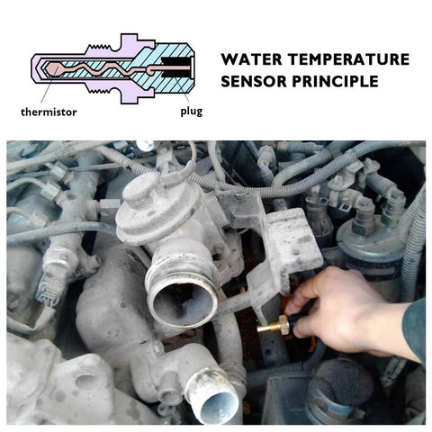 Engine coolant temperature sensor being installed in car engine bay; brass-colored sensor with electrical connector