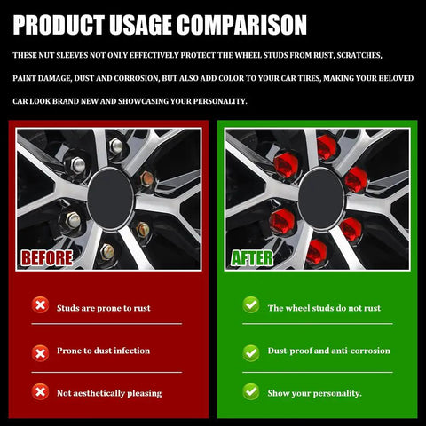 Comparison of car wheels with and without Red 17mm Lug Nut Covers 20 Piece Set With Removal Tool Anti Rust Hex Nut Caps.