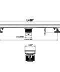 Technical diagram of 36 Inch Linear Shower Drain Venetian Bronze With Removable Quadrato Grate, dimensions and outlet specifications shown.