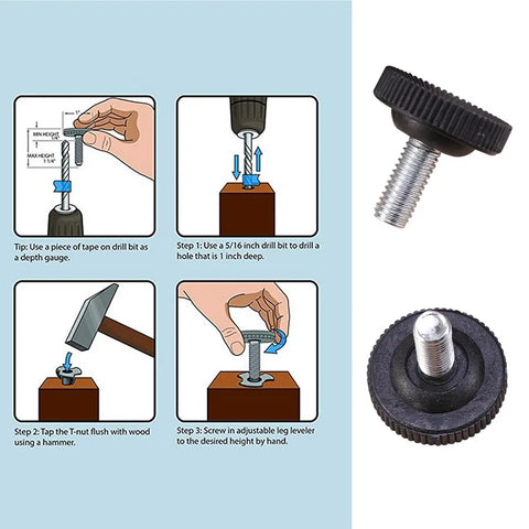 Installation steps for Badass Heavy Duty Adjustable Furniture Levelers With Tee Nuts Kits Black Steel and Rubber Pads.