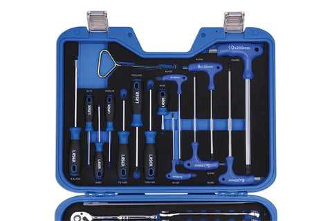 Karting Tool Kit 36 Piece With Three Eighths Inch Drive Ratchet, Sockets, Extensions, Pliers, Side Cutters, Spanners, And Screwdrivers