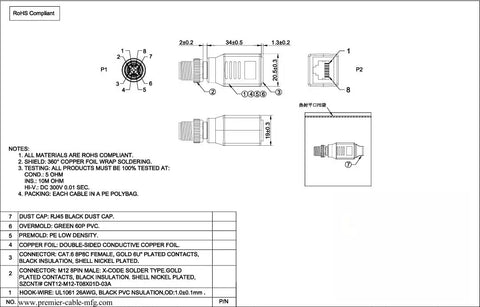 Technical drawing of M12 X Coded 8 Pin To RJ45 Adapter For Cat6 Industrial Ethernet Shielded Bulkhead Jack IP67 Connector.
