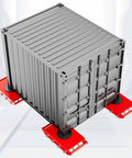Heavy Duty Machinery Mover Skates Dolly With 360 Degree Swivel Turntable For Rolling Furniture Cabinets And Industrial Equipment Around The Garage Or Workshop Without Hiccups, lifting a gray shipping container.
