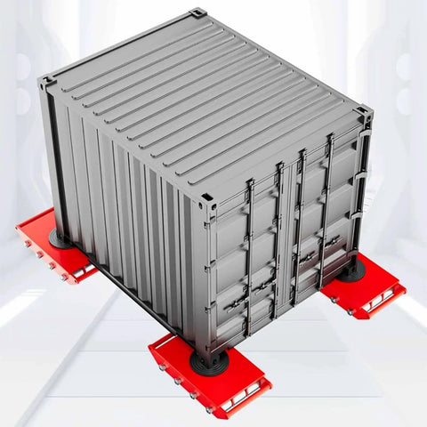 Heavy Duty Machinery Mover Skates Dolly With 360 Degree Swivel Turntable For Rolling Furniture Cabinets And Industrial Equipment Around The Garage Or Workshop Without Hiccups, lifting a gray shipping container.