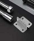 Four Fold Four Hole Stainless Steel Cabinet Door Hinges Set with right angle folding on a black surface