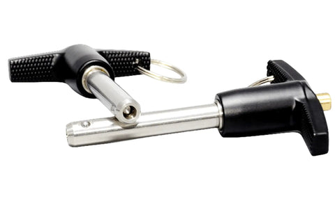 Stainless Steel T Handle Quick Release Pin With Lanyard Cable, shown close-up with push button safety lock and durable 304 stainless steel body.