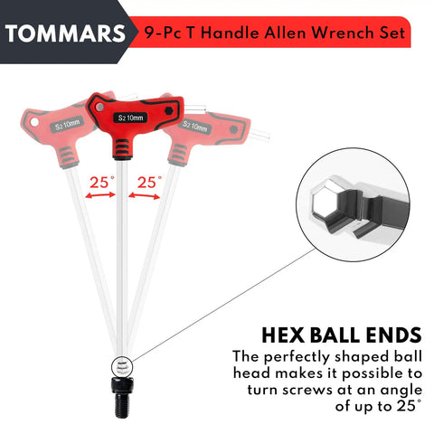 Nine Piece T Handle Hex Key Set With Ball End, Metric 2mm To 10mm, showing T handle design and hex ball end angle capability.