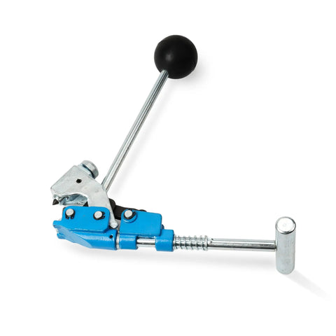 Heavy Duty Center Punch Tool With Adapter For Quick Clamp Setup Fits 3/8 Inch Wide Clamps Up To Eight Inches Diameter side view with black handle.