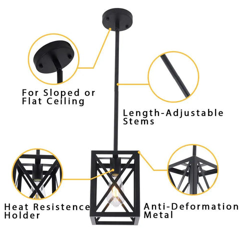 Industrial Pendant Light Fixture With Cross Lantern Shade Black Hanging Chandelier for different ceiling types and adjustable stems