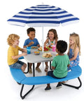Children seated at 8 Seat Kids Picnic Table Set With Foldable Umbrella For Outdoor Backyard Fun Built In Benches For Up To 8 Toddler