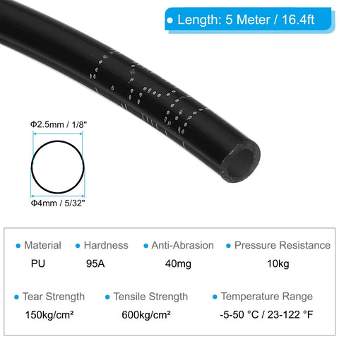 Heavy Duty Polyurethane Pneumatic Tubing 2.5 mm ID by 4 mm OD 5 Meter 16.4 Ft Black Air Line Tube for Air Compressors and Fluid Transfer