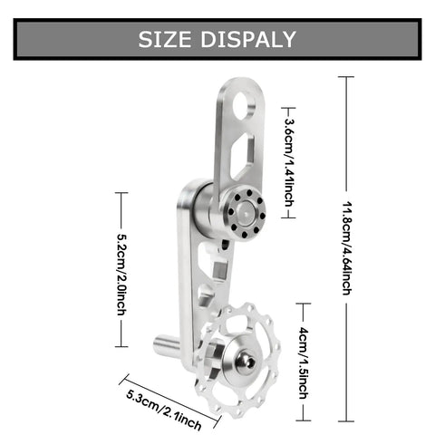 Silver Bike Chain Tensioner With Derailleur Hanger Chain Guide For Folding Bikes, size display with measurements