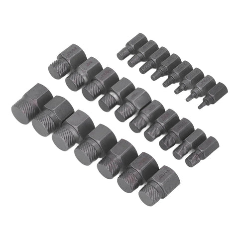 Beast Of A Screw And Fastener Extractor Set 25 Piece Molybdenum Steel Damaged Screw Remover Kit arranged in rows