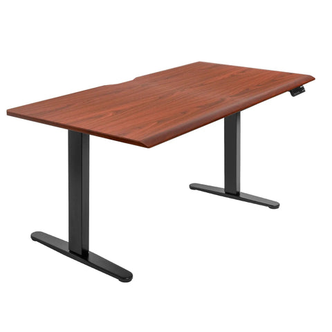 Pro Grade 60 Inch Electric Standing Desk With Adjustable Height And Memory Presets Smooth Hazelnut Woodgrain Finish side view with black frame