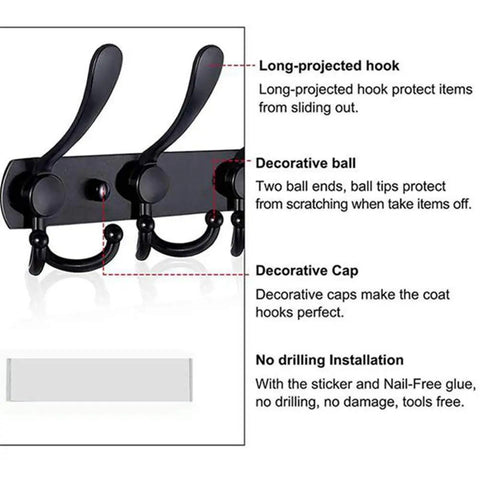 2 Pack Wall Mount Coat Rack Five Heavy Duty Hooks Solid Stainless Steel Build Built Different To Secure Hats Towels Robes features long hooks and decorative caps.