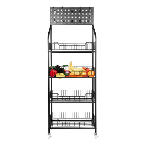 Four Tier Metal Wire Display Rack And Snack Candy Organizer With Ten Hooks Smooth Rolling Wheels And Rock Solid Design For Top Shelf Retail Setup And Hassle Free Sorting In Black