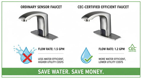Comparison of ordinary sensor faucet vs. CEC-certified Automatic Smart Sensor No Touch Bathroom Faucet For Vessel Sink Brushed Nickel Finish
