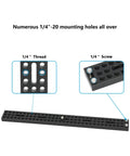 Top Shelf 12 Inch Long Cheese Mounting Plate Featuring Heavy Duty Aluminum Body and Built In Quarter Twenty Screws shown with mounting holes.