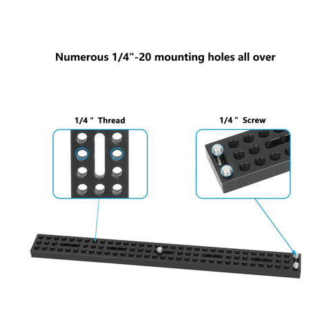 Top Shelf 12 Inch Long Cheese Mounting Plate Featuring Heavy Duty Aluminum Body and Built In Quarter Twenty Screws shown with mounting holes.
