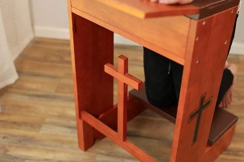 Side view of Folding Wooden Prayer Kneeler Bench For Home Or Church Space Saving Kneeler With Fold Up Tabletop And Bible Shelf