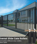 6-Inch Universal Nylon Gate Roller With L-Shape Bracket installed on black sliding gate outside modern home