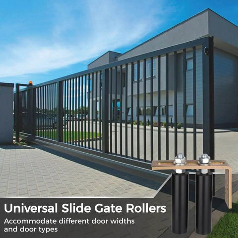 6-Inch Universal Nylon Gate Roller With L-Shape Bracket installed on black sliding gate outside modern home