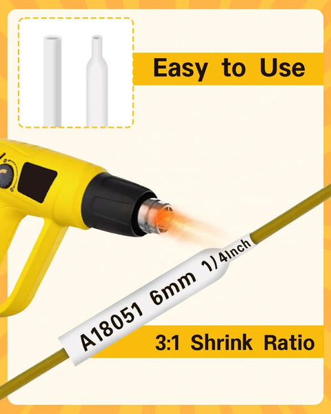 Killer Heat Shrink Labels Compatible With Dymo 18051 18053 18055 Replacement Tubing Tape in use with heat gun for 1/4 inch size.
