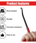 Motorcycle exhaust spring puller tool with rubber-coated red handle and black shaft