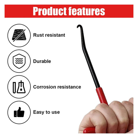 Motorcycle exhaust spring puller tool with rubber-coated red handle and black shaft