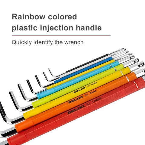 Color Coded Ball End Hex Key Set, Metric 1.5-10mm, 9-Piece Long Arm Allen Wrench Kit displayed with rainbow colored handles